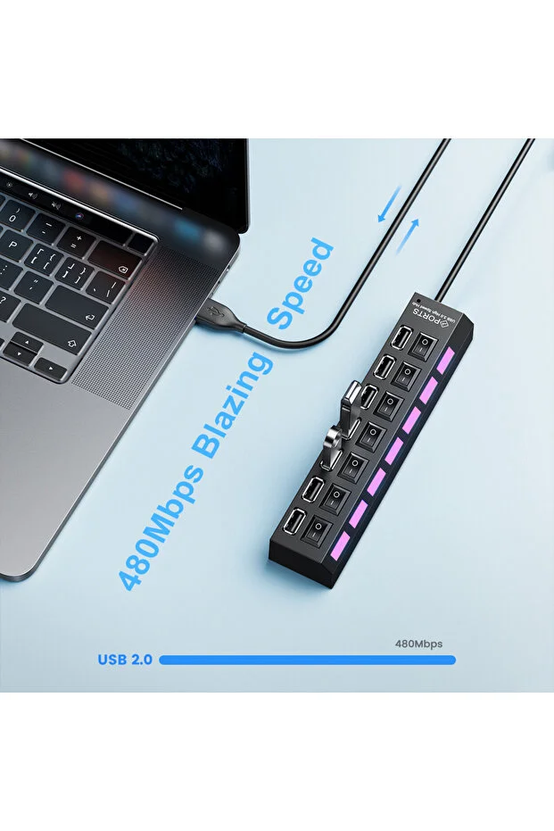 7 Port Usb Çoklayıcı Hub Anahtarlı Aç/kapa Düğmeli Işıklı Usebe Çoğaltıcı Hub Switch Tak Çalıştır