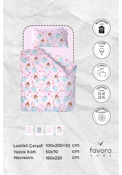 Peri Balerin %100 Pamuk Tek Kişilik Nevresim Takımı - Pembe Pembe