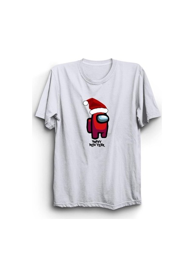 Among Us Yeni Yıl Noel Baba Happy New Year Baskılı Tshirt Beyaz