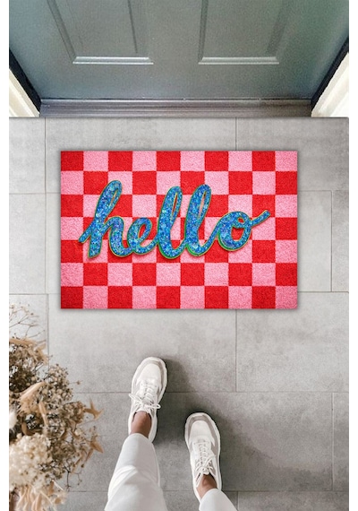 Rugmood Modern Dijital Baskı Paspas - Hello Yazılı Kırmızı Kareli Şık Kapı Önü Paspası