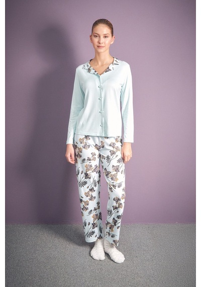 Fullamoda Yaprak Desenli Gömlek Yaka 2 Li Pijama Takımı 24mıcg631216553-buz Mavi Buz Mavi
