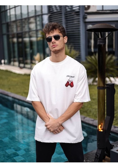 Erkek Kısa Kol Tişört Bisiklet Yaka Boxy Eldiven Baskılı T-shirt - Beyaz