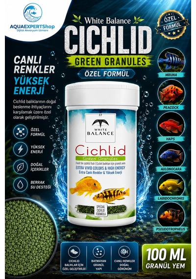 White Balance Cichlid Green Granules - Cichlid Balıkları İçin Özel Formül - Besleyici Ve Renk Canlandırıcı İçerik - 100 Ml