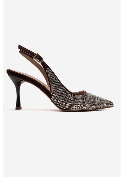 Luvishoes Johanna Kahverengi Altın Taşlı Kadın Topuklu Ayakkabı Kahverengi