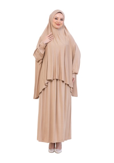 Modish Group İki Parça Namaz Elbisesi Uzun Pamuklu Tesettür Giyim Abaya & Başörtüsü Set Koyu Vizon