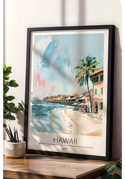 Abd Hawaii Temalı Çerçeveli Tablo Travel Serisi Modern İllüstrasyon Tropikal Duvar Dekoru Siyah