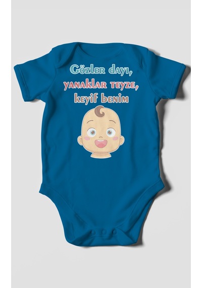 Gözler Dayı Yanaklar Teyze,keyif Benim Baskılı Bebek Zıbını Çıtçıtlı Body %100 Pamuk Kısa Kol Koyu Mavi