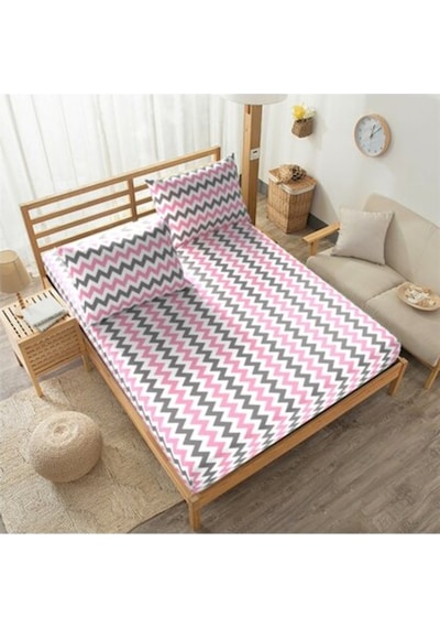 Tek Kişilik 90X190 Cm Kumaş Lastikli Çarşaf Seti - Pembe Zikzaklı