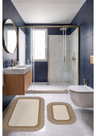 Banyo Paspası Takımı 70x110+50x70 Cm Dış Trikot Ekru & Hasır Ekru - Hasır
