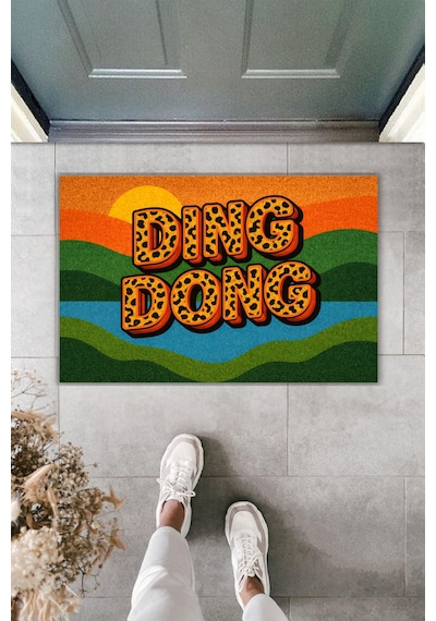 Rugmood Modern Dijital Baskı Paspas - Retro Tasarım Ding Dong Yazılı Renkli - Kapı Önü Paspası Kahverengi