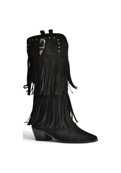 Fox Shoes Z726107102 Siyah Süet Kalın Topuklu Püsküllü Kadın Çizme