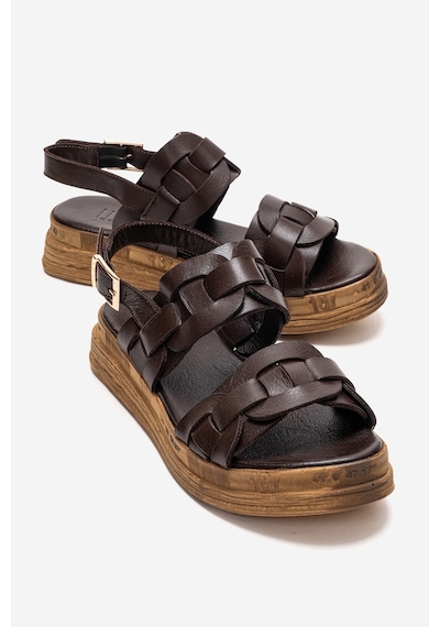 Luvishoes Elvoro Kahverengi Hakiki Deri Örgü Bantlı Kadın Sandalet
