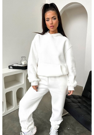 Basic Düz Eşofman Takımı Sweatshirt Jogger - Beyaz Oversize Şardonlu Kapüşonlu Beyaz