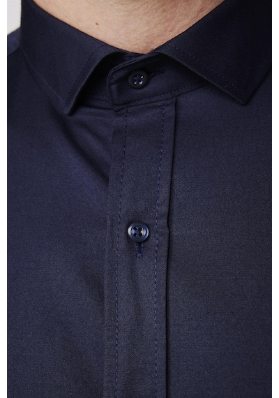 Tudors Slim Fit Likralı Düz Pamuk Saten Lacivert Erkek Gömlek-27731-lacivert Lacivert