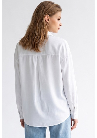 Mixray 4963 Kadın Tencel Kumaş Oversize Cepli Uzun Kollu Gömlek Beyaz