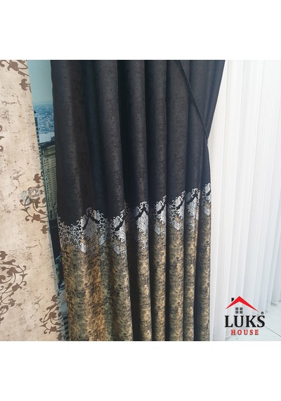 Lüks Siyah Fon Pano Perde Sık Pile Tek Kanat, En100 Cm Siyah