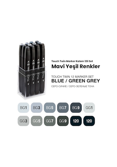 Touch Twin Marker Kalem 12Li Set Mavi Yeşil Renkler