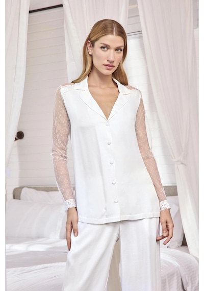 Aria's Closet Arias Closet Dantelli Ve Tüllü Uzun Kollu Önü Düğmeli Saten Pijama Takımı Beyaz
