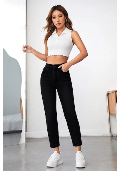 Woddi Mom Siyah Kadın Likralı Mom Jean Kot Pantolon-2