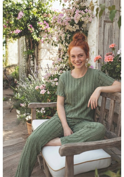 Medinenur Fırfır Detaylı Örme Kısa Kol Pijama Takımı Yeşil
