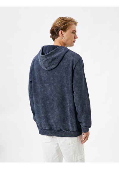 Koton Kapşonlu Sweatshirt Yıkamalı Slogan İşlemeli Ribanalı Şardonlu Mavi 4wam70275mk Mavi