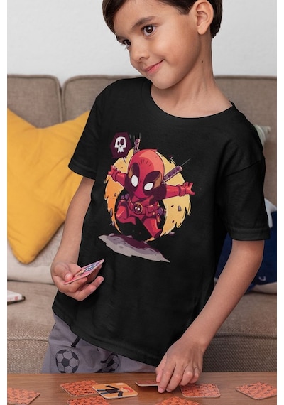 Sevbano Unisex Deadpool Baskılı Film Kahramanı Çocuk Tişört 1-12 Yaş Siyah