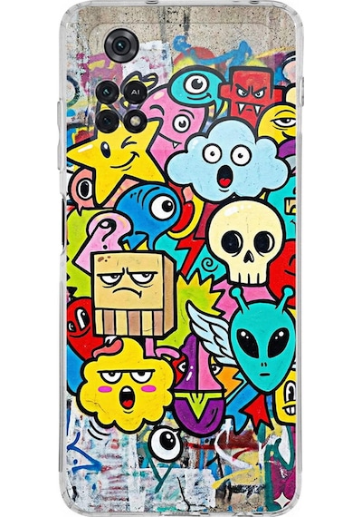 Poco M4 Pro İle Uyumlu Grafiti Doodle Tasarımlı Şeffaf Silikon Kılıf Şeffaf