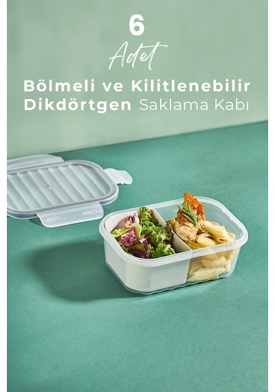 Kitchen Life 6 Adet 2 Bölmeli 1lt Kilitli Sızdırmaz Kapaklı Saklama Kabı - Kahvaltılık - Beslenme Kabı -1000 ML Şeffaf