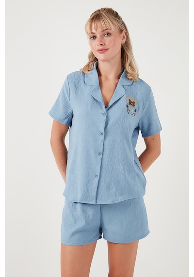 Lela Gömlek Yaka Beli Lastikli Kısa Kollu Şortlu Bayan Pijama Takımı 611Pt00065 Indigo