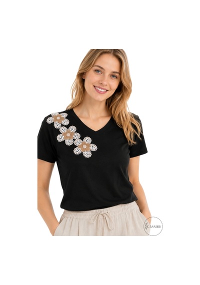 Cassime Kadın Siyah %100 Pamuk Regular/normal Kalıp Çiçek Nakışlı Örme T-shirt