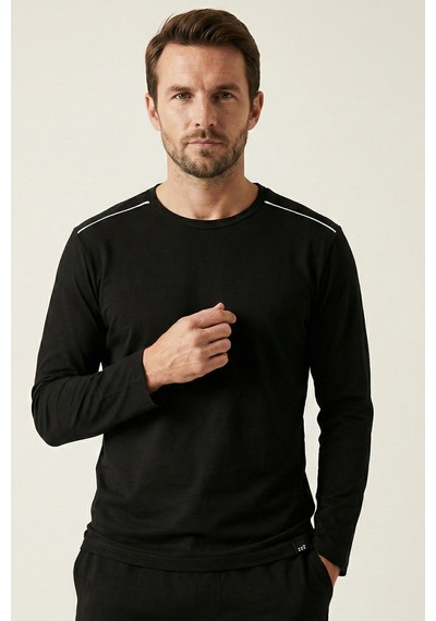 Elemge %100 Pamuk Süprem Uzun Kollu Pijama Üstü Erkek T-shirt Compact Penye Rahat Kalıp Tok Kumaş Siyah