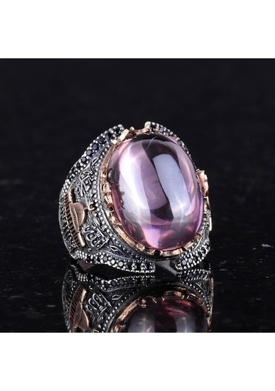 925 Ayar Gümüş Erkek Yüzüğü, Müslüman Camisi Pembe Topaz Yapay Taş Gümüş
