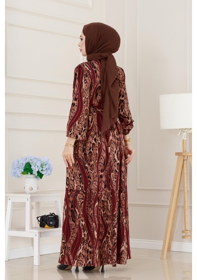 Sevitli Leopar Desenli Beli Tünelli Viscon Elbise-bordo-5087 Bordo
