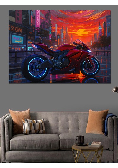 Ahşap Tablo Siberpunk Şehirde Modern Kırmızı Motosiklet