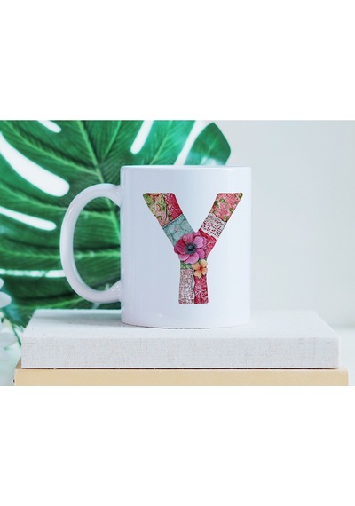 Y Harfli Retro Çiçekli Kupa Bardak - Patchwork Tarz Yamalı Desenli İsme Özel Kupa - Hediye Beyaz