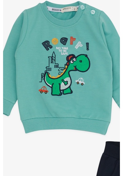 Breeze Erkek Bebek Eşofman Takımı Dinozor Nakışlı 6 Ay-2 Yaş, Mint Yeşili