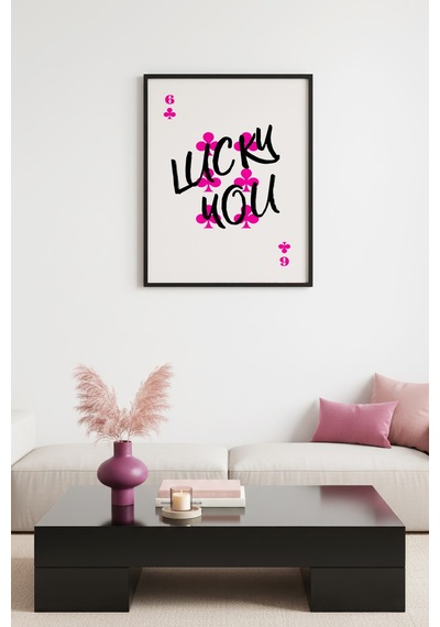 Doğal Ahşap Çerçeveli Retro Pop Art Tablo - Pembe Sembollü Yazı Tasarımı Huhu2642