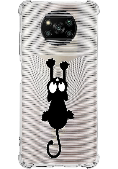 Xiaomi Poco X3 Pro Köşe Korumalı Antişok Kapak Çizgi Kedi Tasarımlı Şeffaf Silikon Kılıf