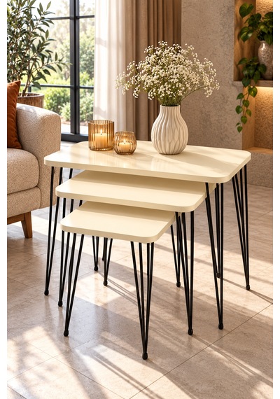 Odera Tel Zigon Sehpa 3'lü Set Metal Ayaklı Modern Retro Salon Sehpası Diğer