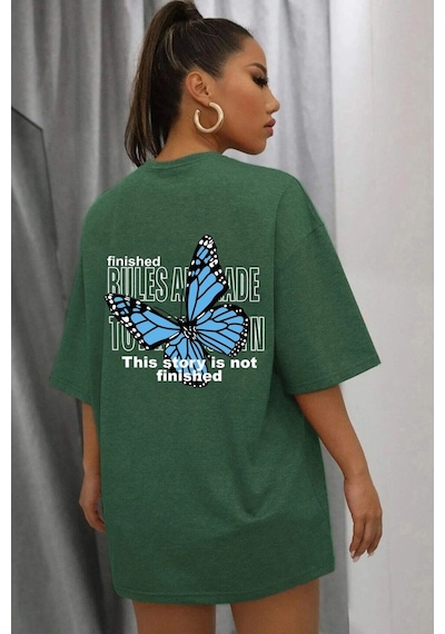 Unisex Kelebek Baskılı T-shirt Yeşil