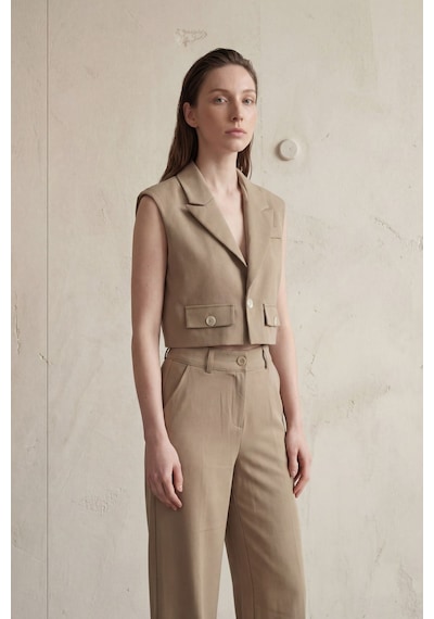 Hiccup My Fashıon Düğmeli Crop Yelek, Ceket Yakalı Deve Kahvesi