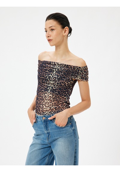 Koton Leopar Desenli Madonna Yaka Bluz Tül Drape Detaylı Siyah Desenli 4sak10959ek