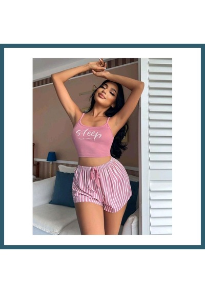 Bezos Kadın Pembe Çizgili Desen Askılı Şortlu Pijama Takım 5002 Beden: L/xl Renk: Pembe Ob