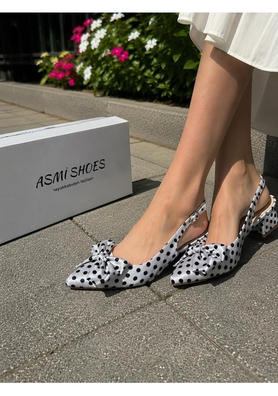 Asmi Shoes Kadın Mina Beyaz Saten Puantiyeli Fiyonk Detaylı Arkası Açık 4 Cm Topuklu Ayakkabı