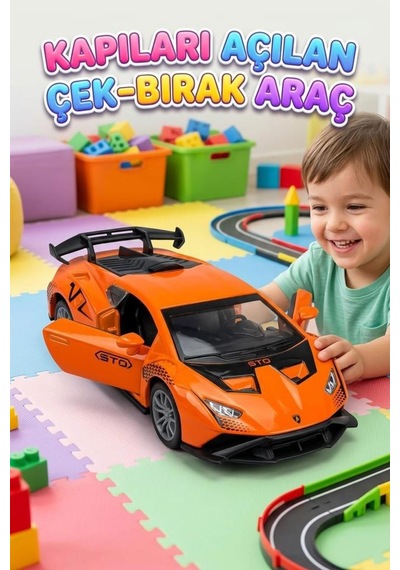 Çek-bırak Mekanizmalı 12cm Süper Sport Model Kapıları Açılabilir Metal Oyuncak Yarış Arabası Turuncu