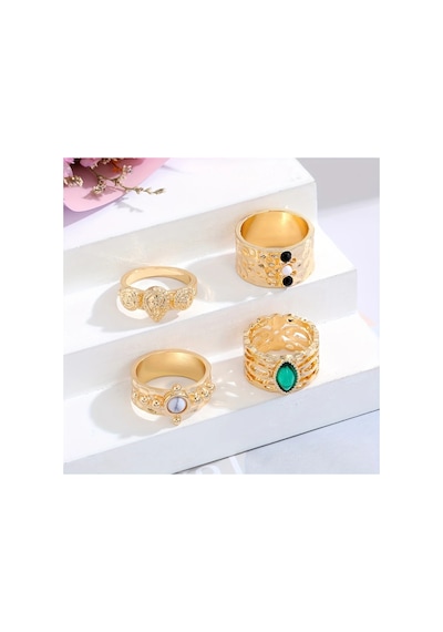 Crown 4 Adet Gold Renkli Yeşil Taşlı Retro & Vintage Tasarım Çoklu Altın Yüzük Seti