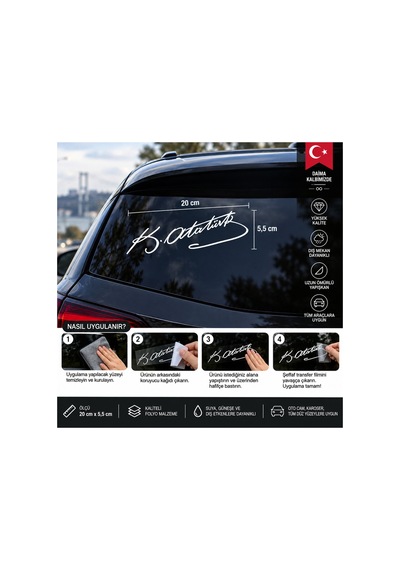 Kemal Atatürk Imza Sticker Araba, Oto Araç Sticker, 20cm