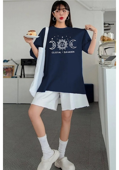Unisex Sun Moon Ön Baskılı Oversize T-shirt Lacivert