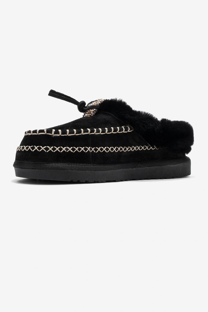 Luvishoes Luvi Shoes Norıel Siyah Süet Hakiki Deri Dikişli Kürklü Kadın Makosen Terlik Siyah