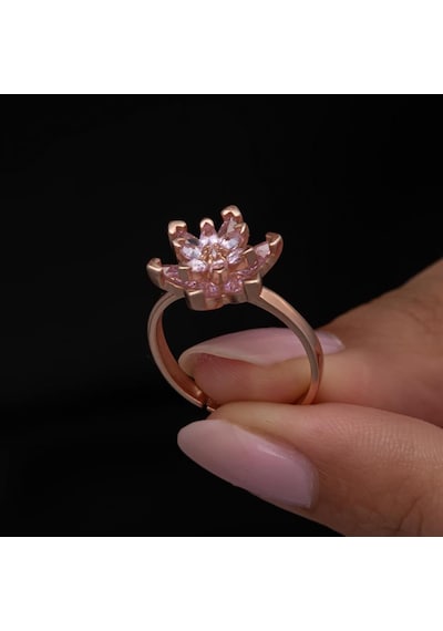 Pembe Taşlı Lotus Çiçeği 925 Gümüş Kadın Yüzük